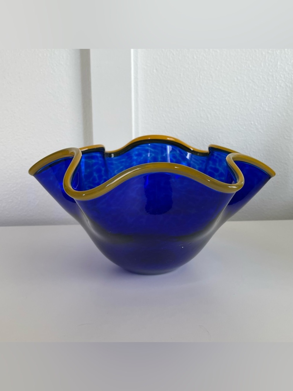 Eye Glass Studio Cobalt Blue Art Glass Mottled Ruffle Handkerchief Bowl 10” Hand